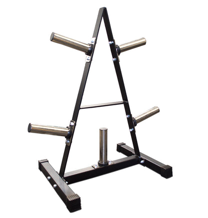 A black metal A-frame bumper plate for tree holding four weights securely in place.