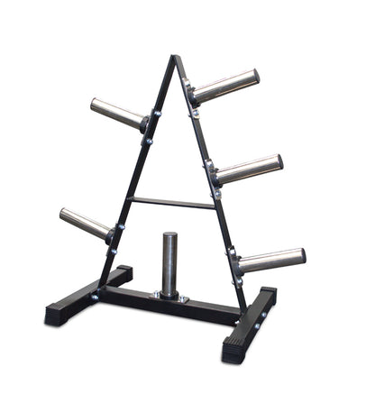 A black metal A-Frame bumper plate tree displaying four weights for easy access and storage.