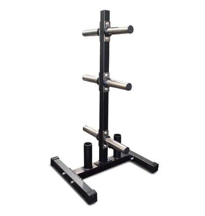 Black metal Olympic plate tree stand with three vertical bars for organized weight storage.