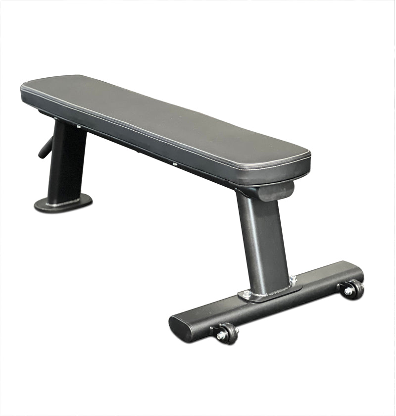 A black flat bench featuring a sleek black seat, wheels, and handle. 