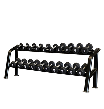 A black dumbbell rack featuring saddles, showcasing an array of weights in a workout space.