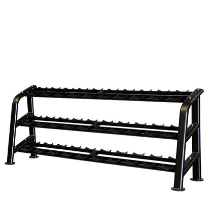 Dumbbell rack featuring three levels with saddles for organized weight storage.