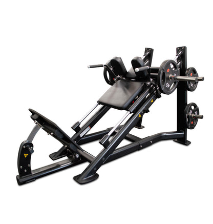 An incline bench designed for strength training, featuring a hack squat attachment.