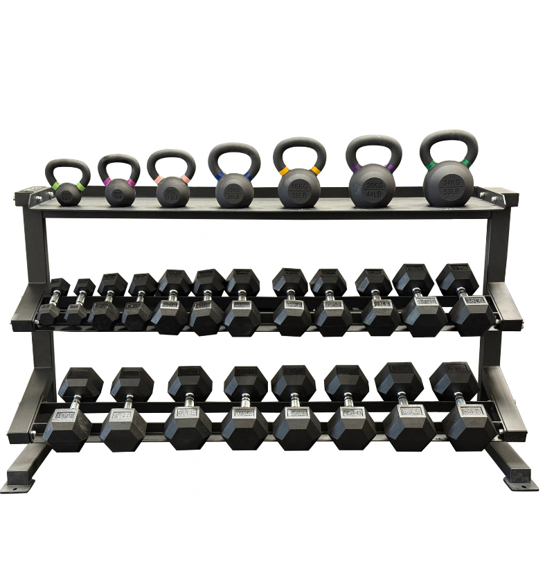 5-50lb Kettlebell/Dumbbell Package with 3 Tier 65" Combo Rack displayed  on a white background