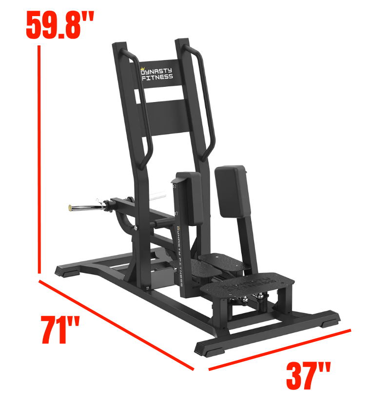 Standing Abductor Black Plate Loaded Gym Equipment Labeled with Dimensions 