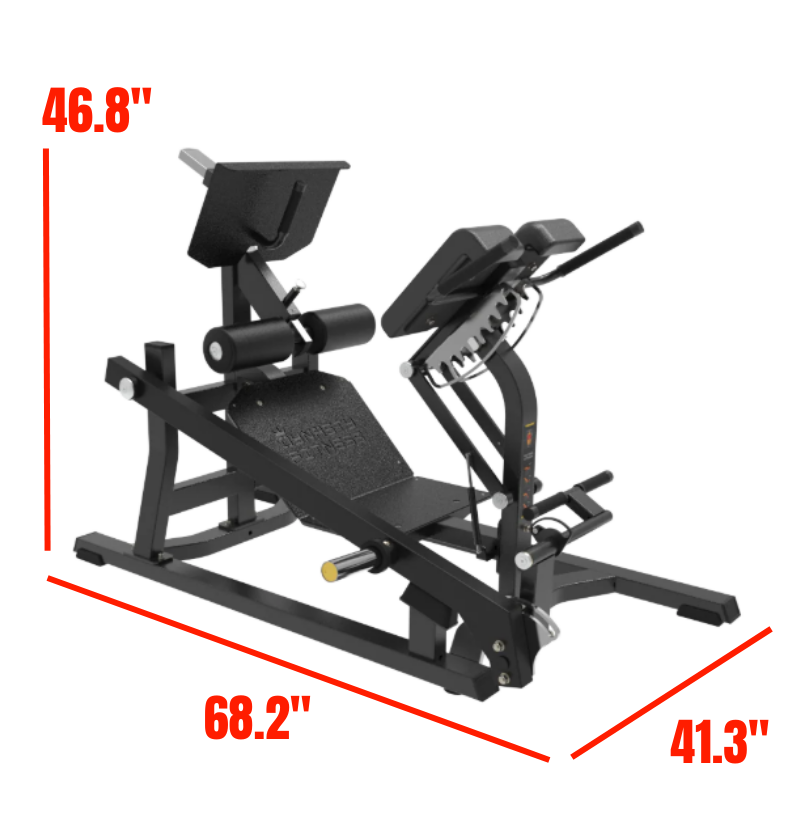 Multi Hip Extension Black Plate Loaded Gym Equipment Labeled with Dimensions 