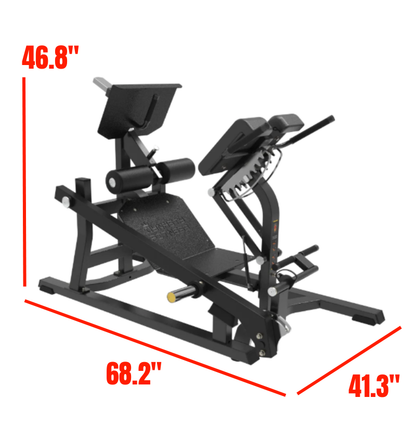 Multi Hip Extension Black Plate Loaded Gym Equipment Labeled with Dimensions 