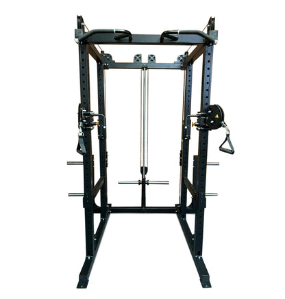 A black power rack featuring two bars, designed for plate-loaded functional training.