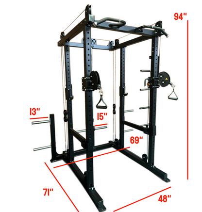 Power rack illustration showing height and width dimensions, specifically designed for a functional trainer machine.
