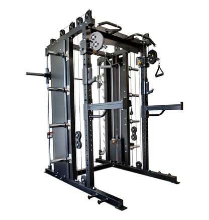 A black and white depiction of a Functional Trainer Squat Rack, illustrating gym equipment for various strength workouts.
