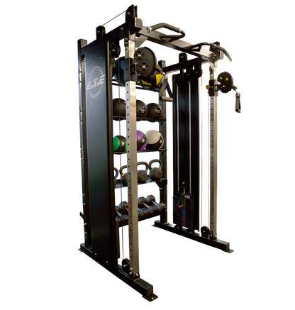 Commercial gym equipment by Body Solid, showcasing a Functional Trainer with built-in storage for efficient workouts.