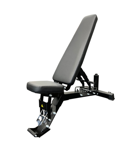 Black adjustable bench with footrest, model Monster 3 in 1 Bench PL7328G, designed for versatile workout routines