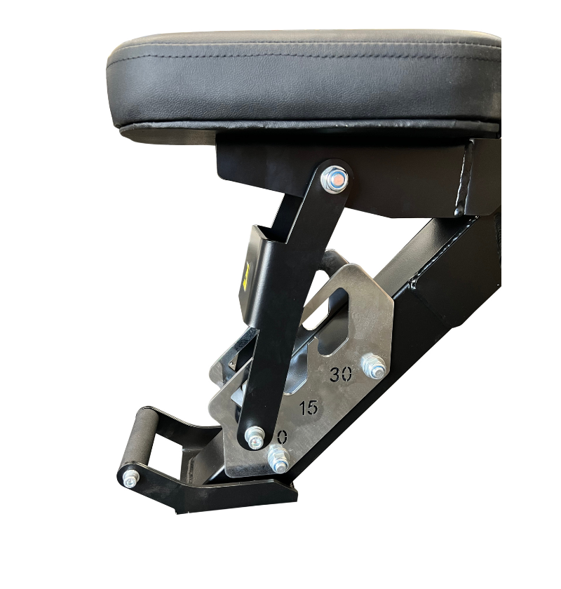 Close-up of an adjustable black exercise bench hinge, showing metal components and angle markings at 0, 15, and 30 degrees on a white background.