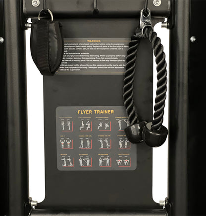 A black exercise machine featuring a rope attachment for strength training workouts.