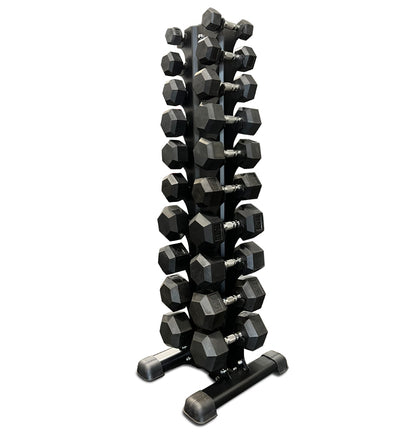 A black vertical dumbbell rack holding four weights, organized for easy access in a fitness setting.