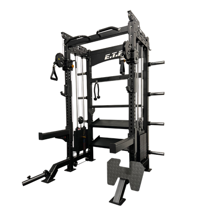 ETE power rack, an all-in-one half rack with functional trainer, suitable for multiple strength training exercises.