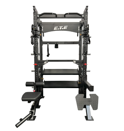 All-in-one half rack and functional trainer, designed for use with a bench press in e-sport training.