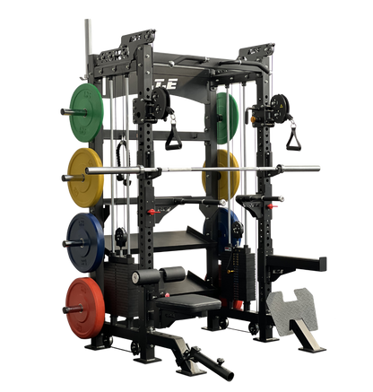 Power rack featuring a range of weights, ideal for versatile strength training and functional workouts.