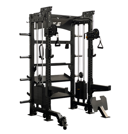 Black ETE Power Rack, an all-in-one half rack with a functional trainer for versatile strength training.