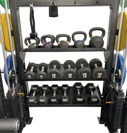 Black gym equipment rack featuring weights and dumbbells, designed as an all-in-1 half rack with functional trainer.