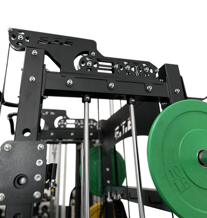 All-in-1 half rack with functional trainer, featuring a power rack and green weight plates displayed prominently.