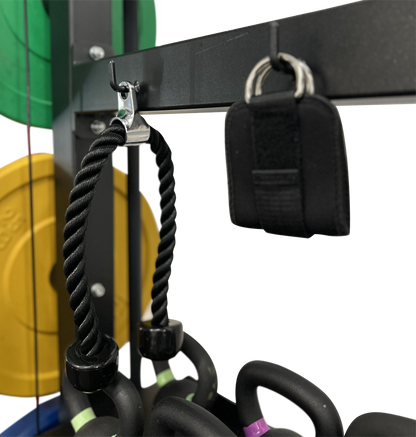 An All-in-1 Half Rack with Functional Trainer featuring a black and white rope for various exercise options.