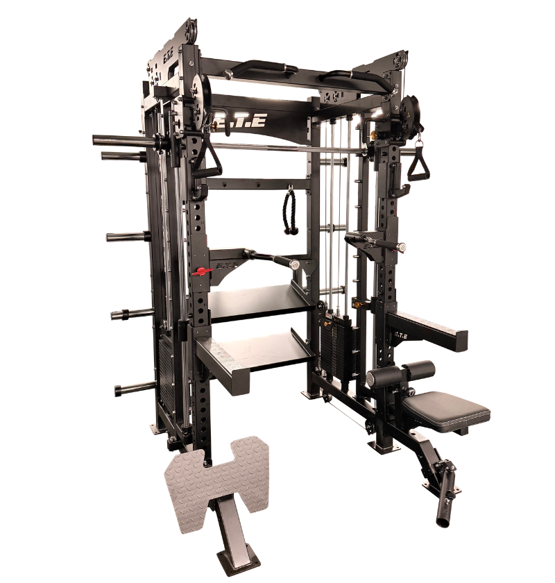 Black all-in-1 half rack with smith functional on a white background.