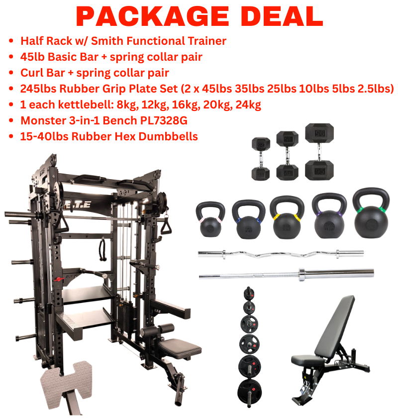 All-in-1 half rack with smith functional package deal for a gym set up.