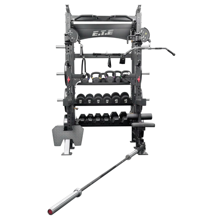 ETE All-in-1 half rack with weight storage on a white background