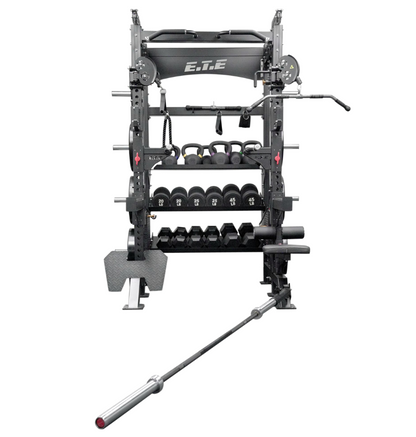 ETE All-in-1 half rack with weight storage on a white background