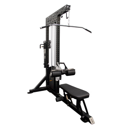Lat Pulldown Low Row machine in black with a pull-up bar, offered for pre-order for gym enthusiasts.