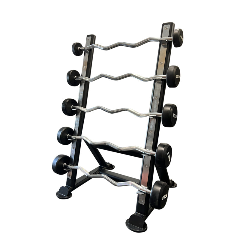 A black and silver fixed curl barbell with marked weight plates and a chrome steel handle displayed on a black metal rack.