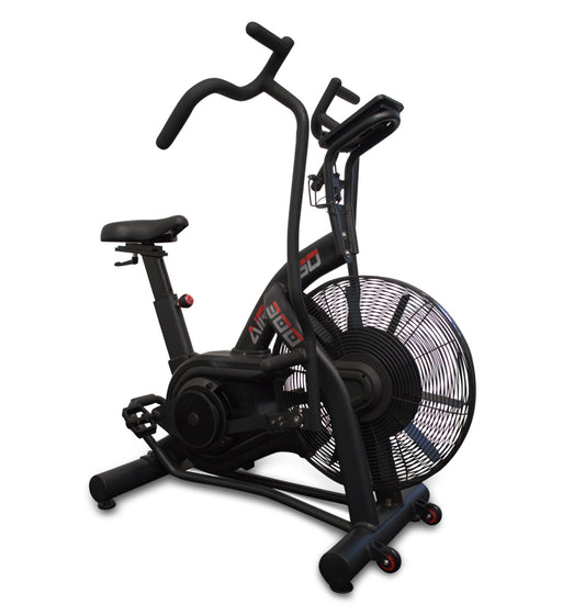 A stationary exercise bike, the AirGo AirBike, equipped with a fan to provide airflow while exercising indoors.