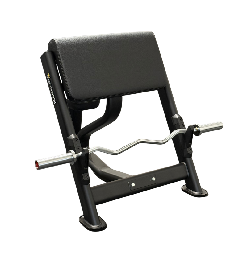 A black preacher bench with a curl barbell resting across the front, photographed on a plain white background.