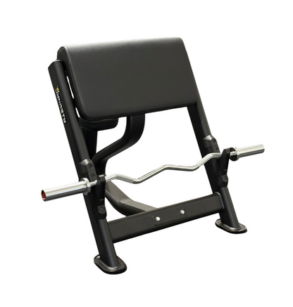 A black preacher bench with a curl barbell resting across the front, photographed on a plain white background.