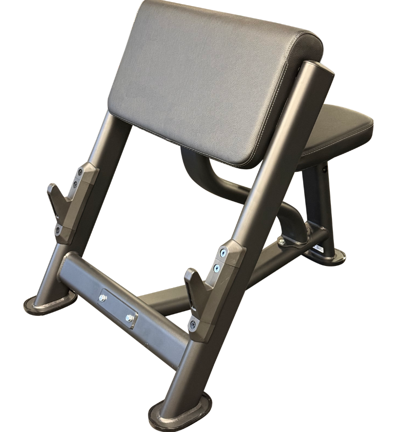 A black preacher curl bench with plastic coated bar rests on a white background