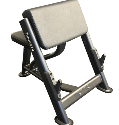 A black preacher bench with a padded gray backrest and seat, set against a solid white background.