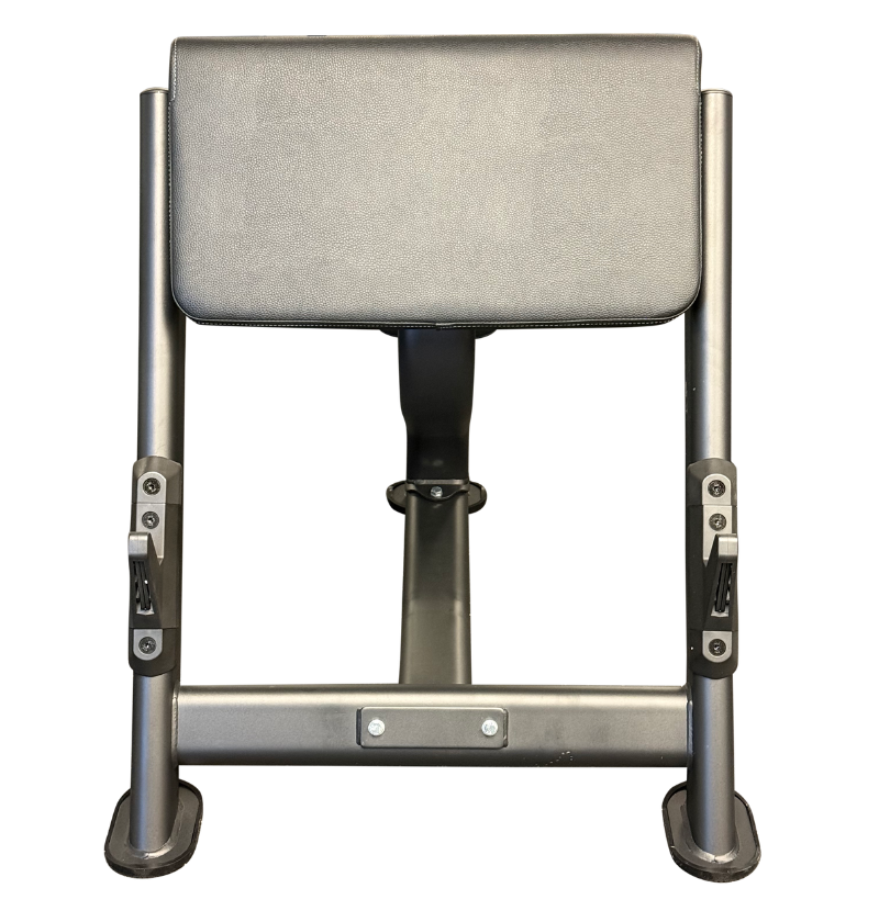 A black preacher bench with a padded armrest, shown from the front against a white background.