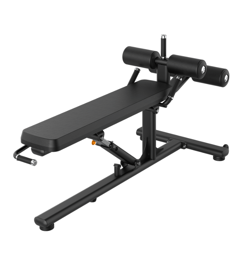 Black adjustable decline bench on a white background.