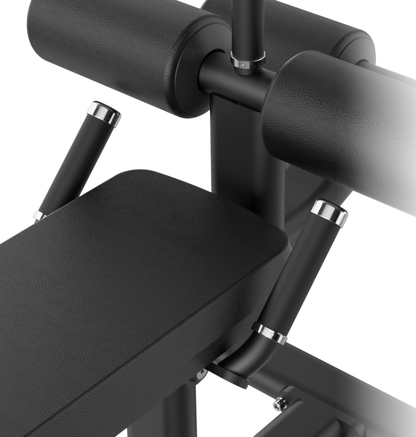 Black weight bench with adjustable rollers on a white background