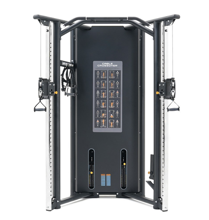 Functional trainer machine with exercise illustrations on a white background