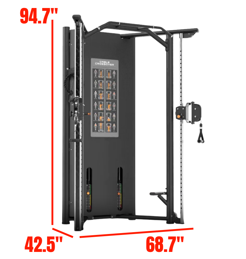 Functional trainer machine with dimensions labeled on a white background