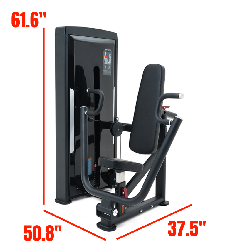 Chest Press Black Selectorized Gym Equipment Labeled with Dimensions 