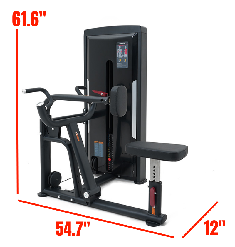 Seated Row Black Selectorized Gym Equipment Labeled with Dimensions 