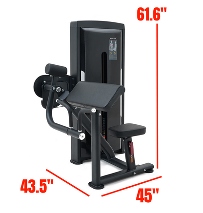 Bicep Curl Black Selectorized Gym Equipment Labeled with Dimesions 