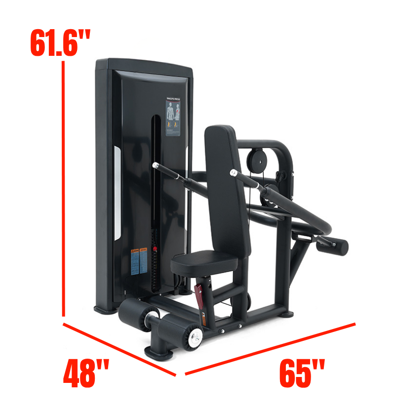 Dip Press Black Selectorized Gym Equipment Labeled with Dimensions