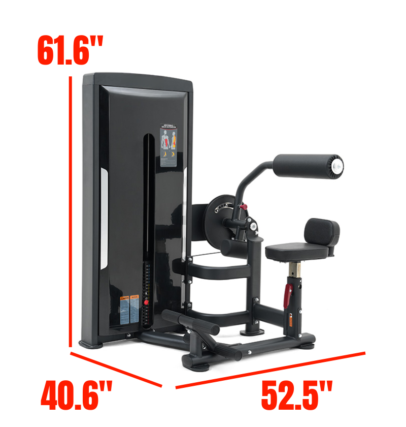 Abdominal Back Extension Black Selectorized Gym Equipment Labeled with Dimensions
