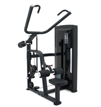 Lat Pulldown Black Selectorized Gym Equipment Displayed on a White Background 