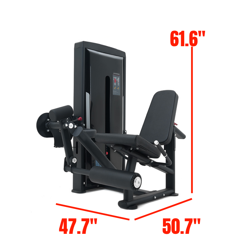 Leg Extension Black Selectorized Gym Equipment Labeled with Dimensions