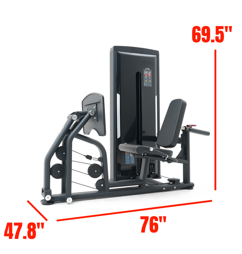 Seated Leg Press Black Selectorized Gym Equipment Labeled with Dimensions 